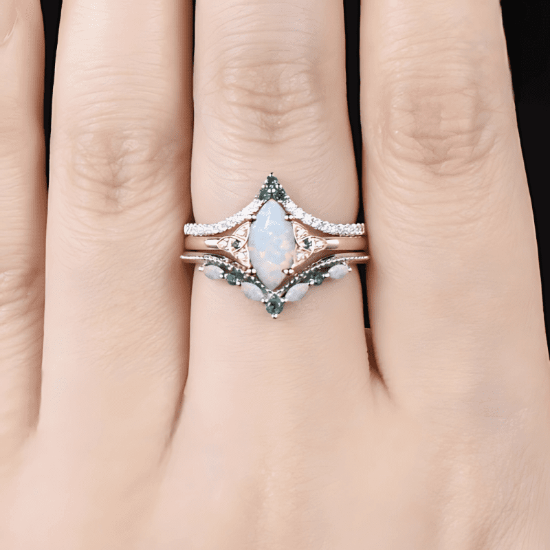 Divine Goddess Opal Triquetra Ring Set